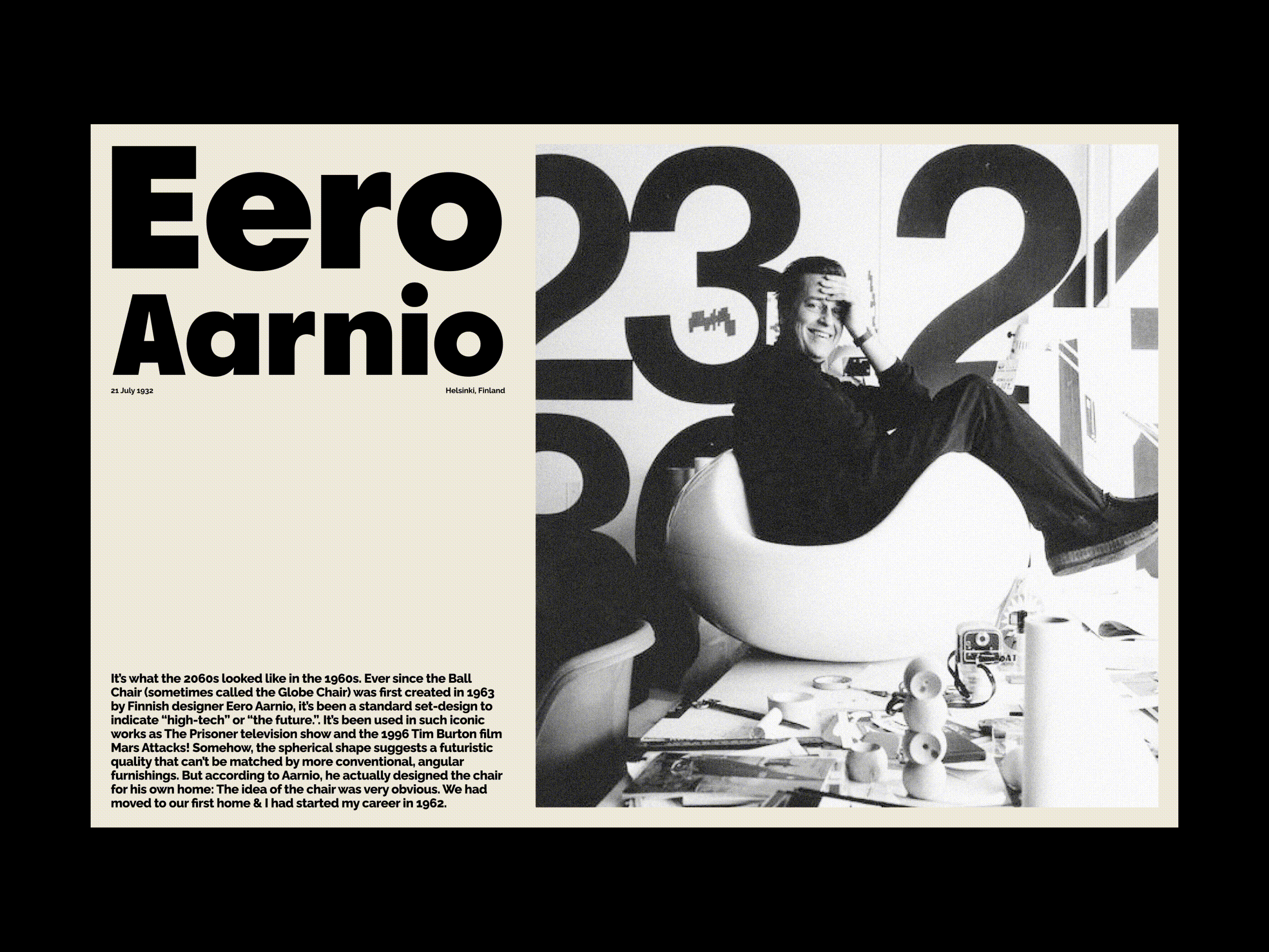 Eero Aarnio. 70s art direction branding clean creative direction design digital editorial eero arnio graphic design grid layout minimal typography poster poster design swiss typography ui user interface web
