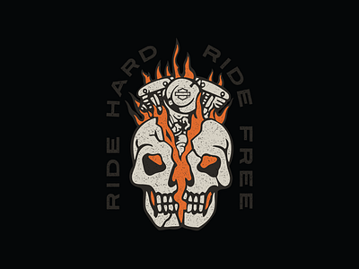 Ride Hard Ride Free apparel design distressed engine fire flames graphic hand feel harley davidson hd hdmc illustration logo skull t shirt tonal vector