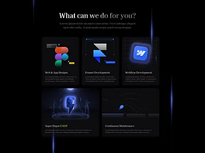 Design Agency Bento Grid - Futuristic and Modern style 3d bento dark theme design agency figma framer futuristic graphic design landing page modern services stylish ui webflow