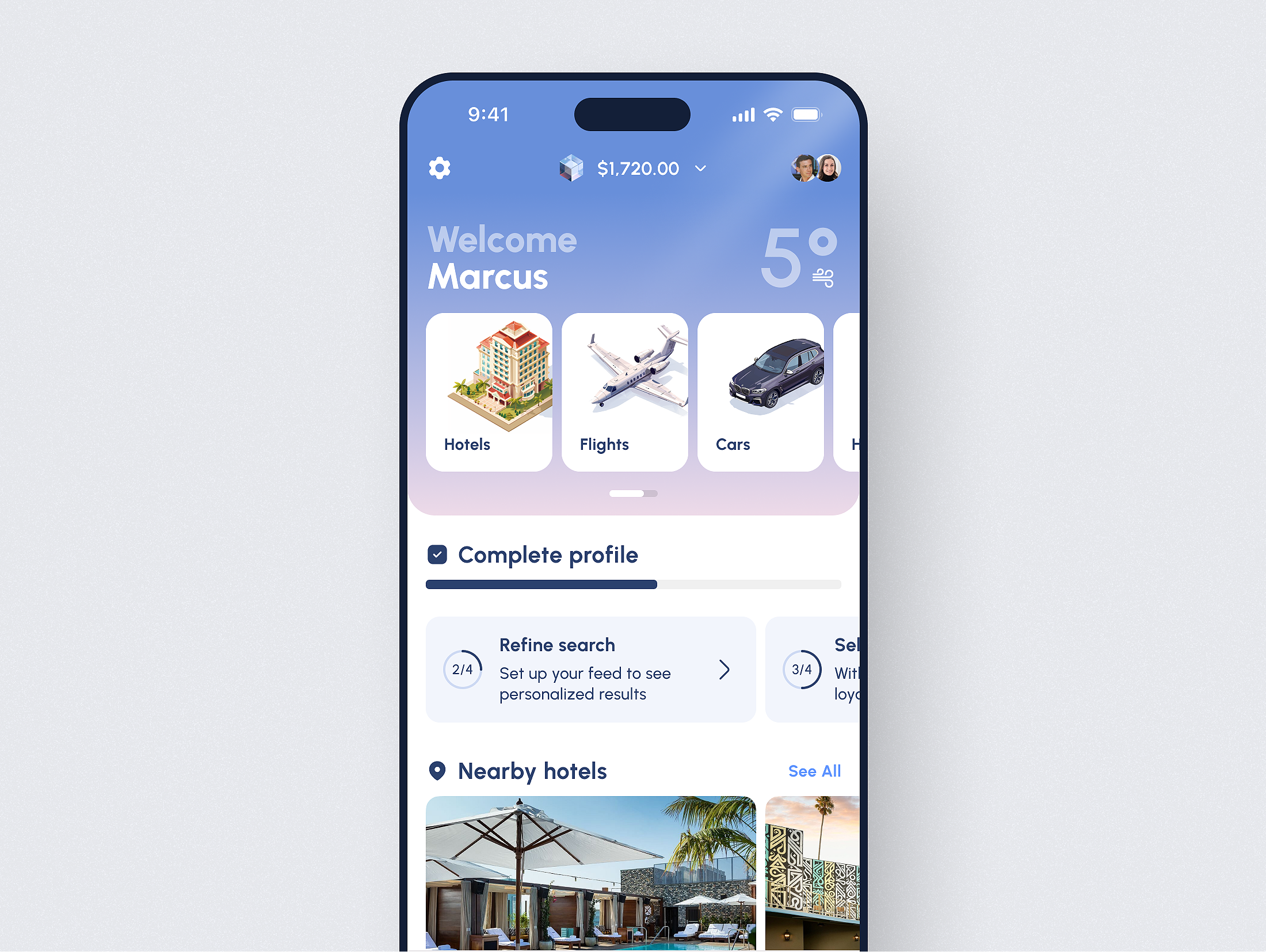 Trip Assist Mobile App app blue booking cars design flight hotels minimalism mobile mobile app ui