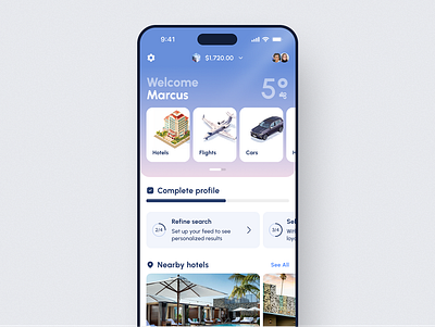 Trip Assist Mobile App app blue booking cars design flight hotels minimalism mobile mobile app ui