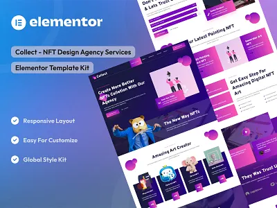 NFT Design Agency Services Elementor Template Kit design elementor template kit elementor ui design gradient webdesign gradient website nft nft agency nft design ui uidesign uikits uiux webdesign website design