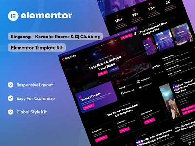 Karaoke Rooms & Dj Clubbing Elementor Template Kit design dj dj website djroom elementor template kit elementor ui design karaoke rooms singing ui uidesign uikits uiux webdesign website design