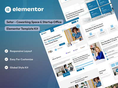 Coworking Space & Startup Office Elementor Template Kit coworking space design elementor template kit elementor ui design office office rent startup office ui uidesign uikits uiux virtual office webdesign website design