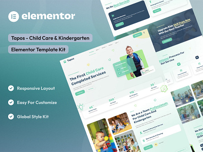 Child Care & Kindergarten Elementor Template Kit childcare design elementor template kit elementor ui design glassmorphism kidschool kindergarten ui uidesign uikits uiux webdesign website design