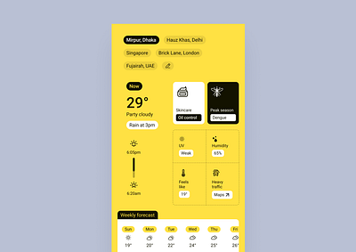 Hyperlocal Weather App above the fold app bento blocks contrast highlight hyperlocal mobile ux weather yellow