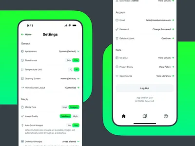 iOS App Settings Page appearance area change password customize image image quality ios iphone location manage map offline options preference profile setting social media social network ui ux