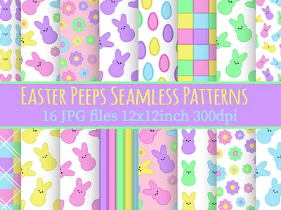 16 Easter Peeps Seamless Patterns, Peeps Digital Paper Pack digital paper easter graphic design illustration paper pack pattern peeps seamless sublimation sublimation png t shirt design