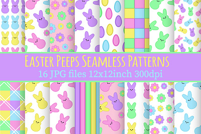 16 Easter Peeps Seamless Patterns, Peeps Digital Paper Pack digital paper easter graphic design illustration paper pack pattern peeps seamless sublimation sublimation png t shirt design