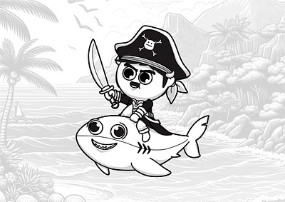 Pirate Riding Shark art cartoon character character design cute design graphic design illustration pirate sea shark vector