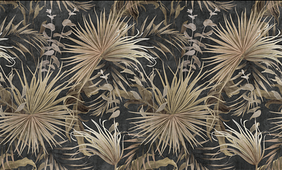 Tropical background with large ocher leaves on a dark background pattern