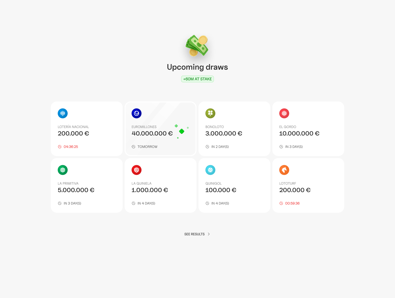 Lottery draws bet betting card design funny gambling game lottery millions money national lottery play playful prize product design quiniela reward ui visual design win
