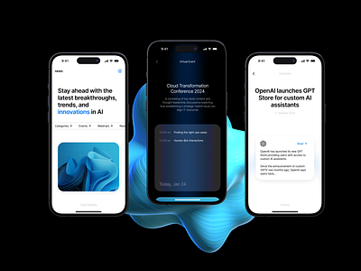 Ultimate Mobile News Hub for Artificial Intelligence 3d ai app blue bright design futuristic likeadiamond mobile app news research shine ui ux uxui