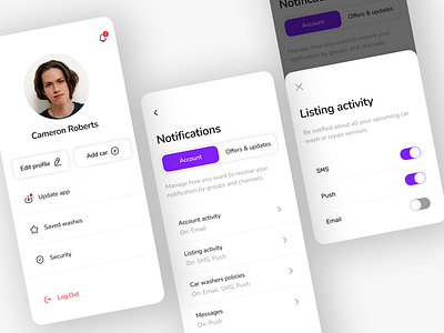 Notification settings for the car wash manager add app application bottom shit button car wash design icon ios mobile navigation notification profile segmented control switch ui ux