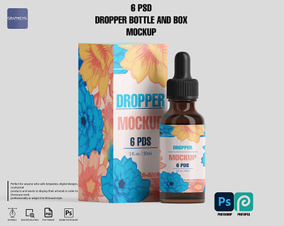 Dropper Bottle and Box Mockup, 6 PSD, Pipette mockup, Droplet droplet mockup