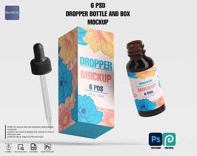 Dropper Bottle and Box Mockup, 6 PSD, Pipette mockup, Droplet
