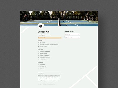 Pickleball - Landing page community court design live match matchday pickleball pickleball court product design public racket report share sport statistics stats status ui ux website