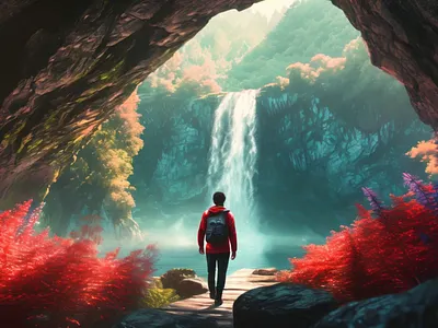 Walking towards the Waterfall animation branding design design inspiration explainer video fantasy flat design fresh fresh design hiking illustration inspiration lake ui walking water waterfall