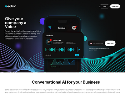 Eqho AI Lander Design ai branding homepage lander landing phone soundwaves ui voice web design