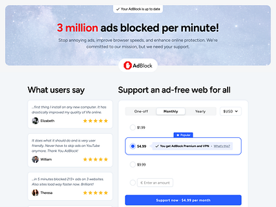 Redesigning AdBlock update landing page adblock adblocker conversions landing page payments redesign ui ux web