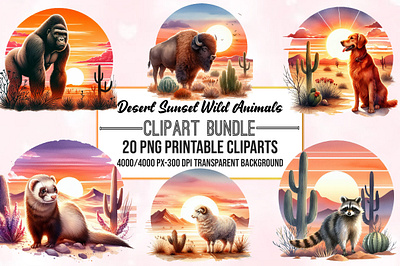 Watercolor Desert sunset wild Animals sand