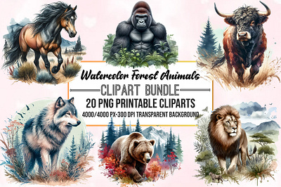 Watercolor Forest Animals Clipart Bundle cute digital baby animal