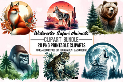 Watercolor Safari Animals Clipart Bundle savannah