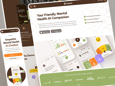 Freud Web UI: AI Mental Health Website | AI Therapy Companion ai virtual therapy artificial intelligence brown flat health healthcare landing page mental health mental health app mental health website mindfulness website mood app mood tracker responsive responsive website therapy website ui ui kit web design website