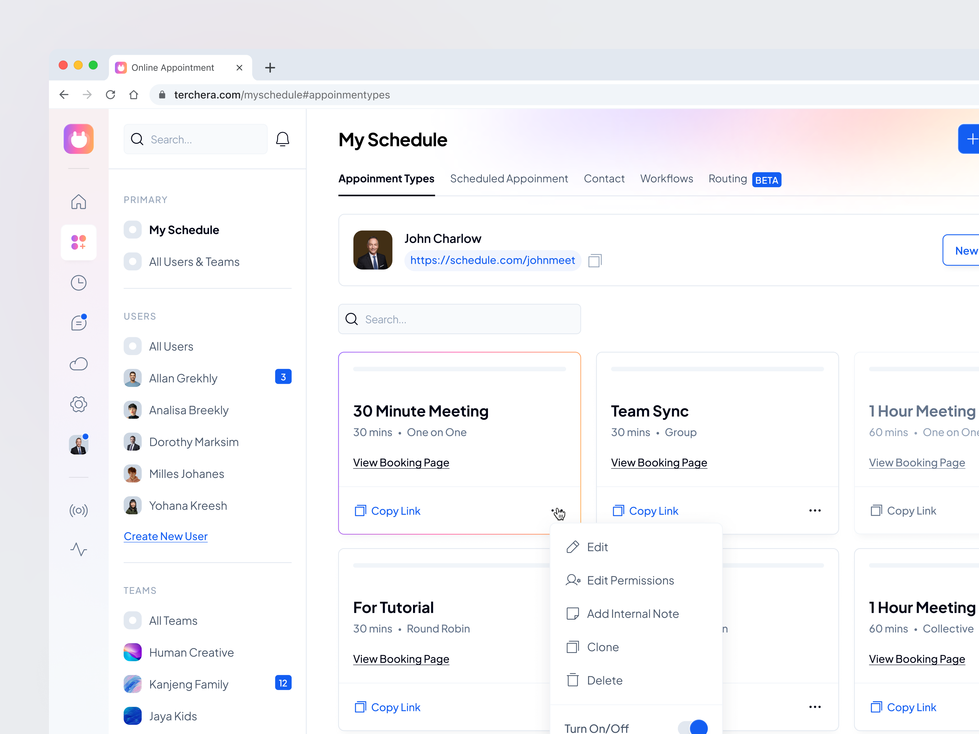 Appointment Types - Terchera Online Appointment appointment appointment system card dashboard dashboard system online appointment saas schedule schedule appointment ui web app