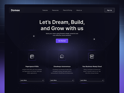 Domee - Domain Dashboard Landing Page cloud server dark dark theme dark ui dark website domain dashboard domain landing page domain website hosting landing page linear design product design ssl ui ui design uiux web design web hosting website website design