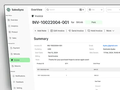 SalesSync - Dashboard Sales Marketing Detail Invoice Page card clean dashboard dashboard marketing dashboard sales design detail detail invoice eccommercec invoice marketing sales ui uiux ux