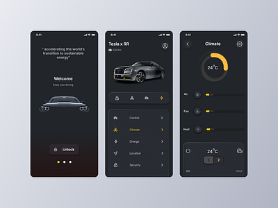 "SmartCar Connect - Drive into the Future!" application design car dark modern trending typography ui