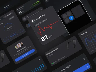Medical mobile app. Mobile widgets for tracking health bluetooth dark theme dashboard dashboard ui design sysytem health heart rate medical minimalism mobile mobile app design patient product design saas sensing stats ui ux web design widgets