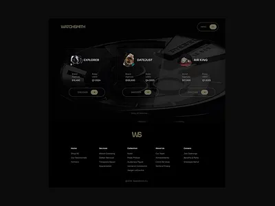 WatchSmith E-commerce Web Design dark mode design ecommerce interface luxury minimal rolex shopify typography ui ux watch watches web design web store website
