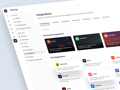 Integrations - Settings Page 3d clean creative dashboard featured integrations figma integrations intergration dashboard minimal minimalist modal overview preferences settings tabs ui ui design uiux ux