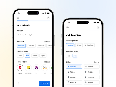 Candidate Profile - Mobile Onboarding blue chips filters jobs location mobile onboarding progress selectors steps ui ux