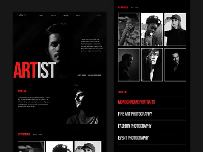 Portrait Photographer artist artistic black and red dark theme dark website fashion photographer fashion photography monochrome photographer portrait photographer ui design web design webflow designer webflow developer website design website ui