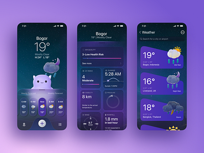 Modern Weather Apps 3d animation app cute dark design education freelance futuristic glassmorphism indonesia mobile modern purple rain sky sun ui ux weather