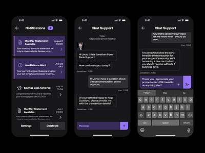Notifications & Chat Support app bank banking chat currency dark dark theme design feed finance fintech fund mobile money notification transfer ui ui design uiux ux