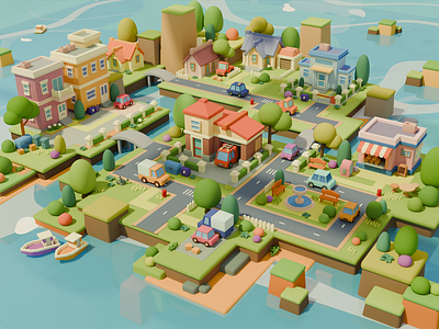 Stylized 3D town 3d blen concept illustration