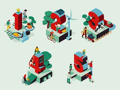 Arkea isometric numbers 3d ambiant character design fagostudio illustration isometric numbers people texture