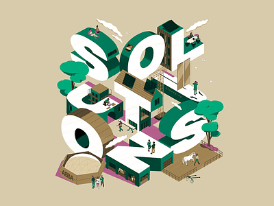 Solutions isometric 3d ambiant character design fagostudio graphic design illustration isometric letters people space texture typographie