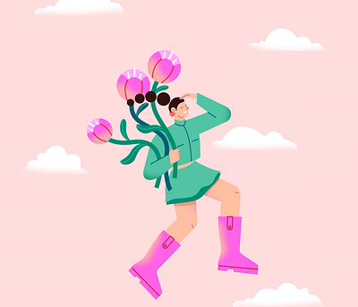 Spring levitation 2d animation after effects cartoon character design digital illustration flying girl motion design spring flowers vector art vector illustration woman