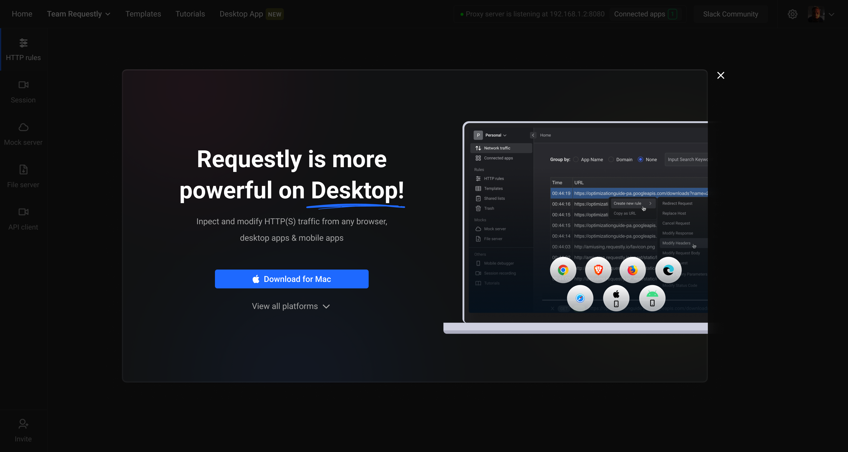 Desktop, Browser & Extension App - Requestly api app branding browser chrome dashboard design desktop dev extension frontend http network requestly rules server ui ux web website