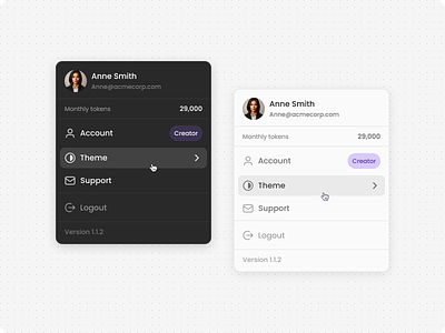 AI App | Account Menu | Dark Mode and Light Mode account menu ai app app menu artificial intelligence clean design dark mode document editor dropdown focus menu light mode menu minimalism minimalist modern design product design scandanavian design