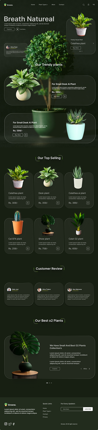 Groww. - An E-commerce website for plants with green theme 3d animation customer reviews e commerce ecommerce website figma figma design green theme groww landing page nature online store plants product listing ui uiux web design