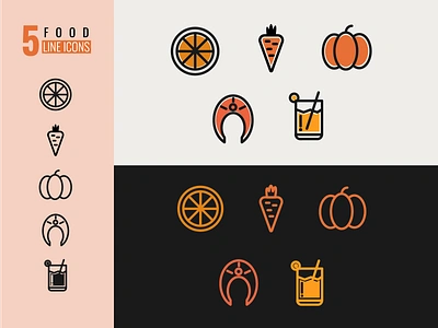 Healthy food products icons adobeillustrator app carrot design fish food freshjuice fruits graphic design healthy icons illustration lineart orange orangeproducts pumpkin salmon tasty vegetables