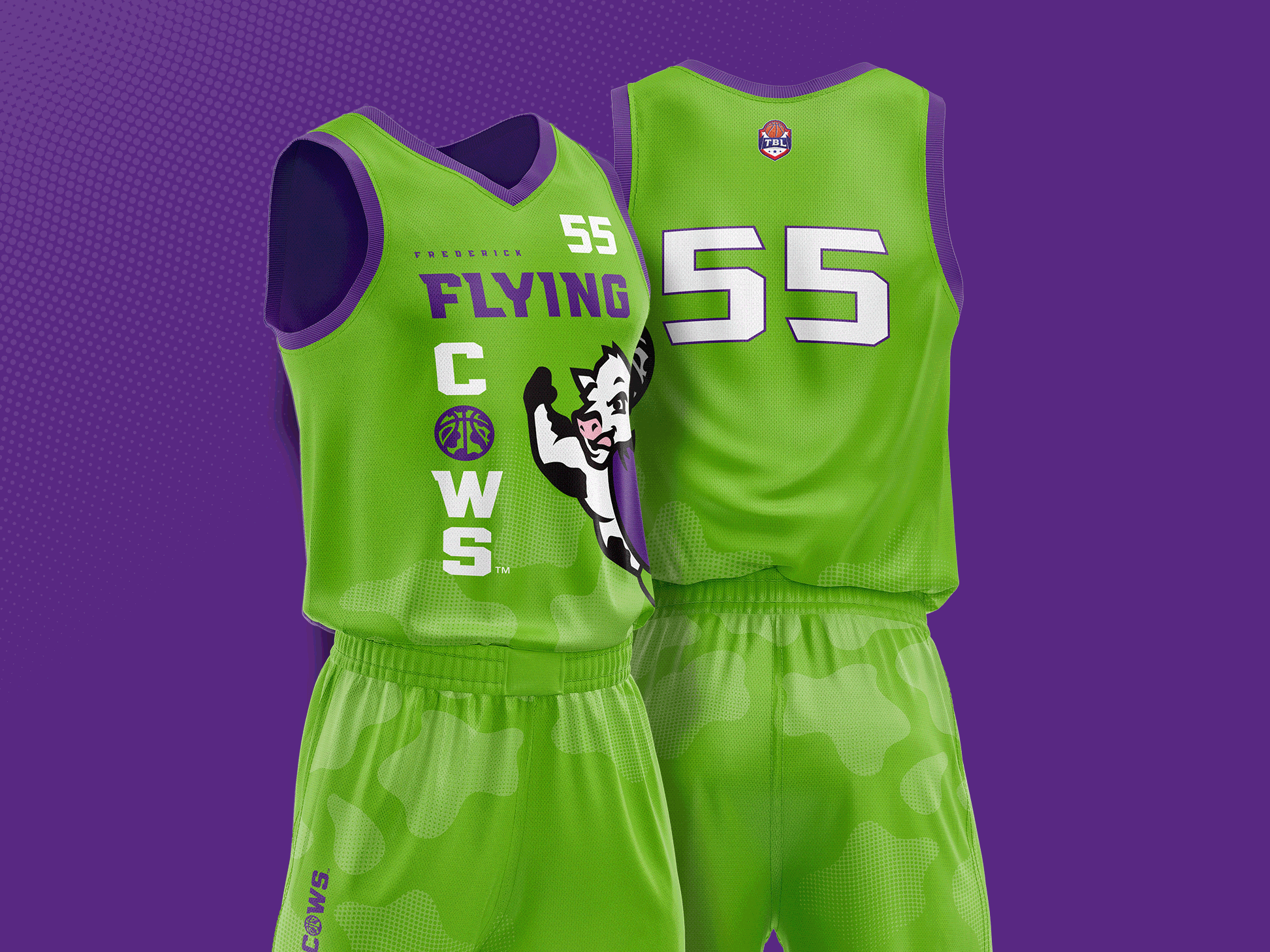 Frederick Flying Cows Jerseys apparel athletic basketball bball branding cow cows design flying green jersey league mockup number print purple sports team wear white
