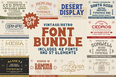 The Vintage Font Bundle 42 fonts badge font badge mockup badge shapes deal free fonts hawaii hawaii font island font lanai logo bundle logo template mesa font retro font bundle retro fonts sunwell the vintage font bundle