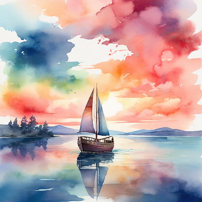 Water Color Ship In Ocean Painting Art art colorful design digital painting nature ocean painting shup trending ui